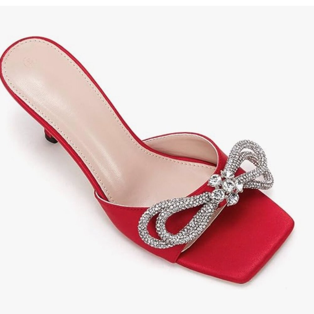 VETASTE‎ Red Gemstone Bow Square Open Toe Heeled Sandals SZ 8.5